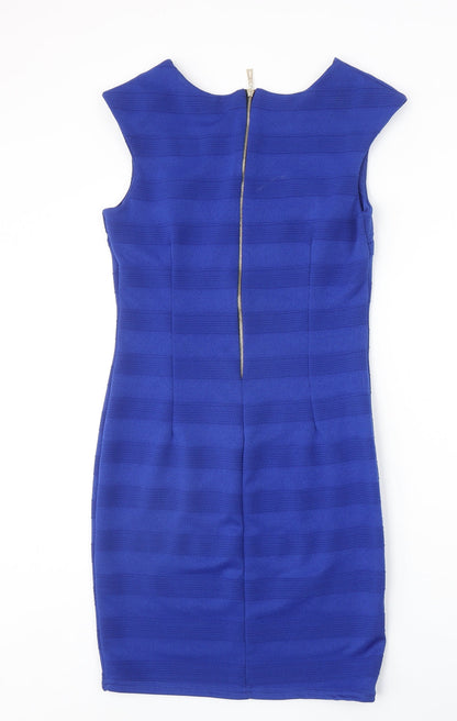 Mela London Womens Blue Striped Polyester A-Line Size 10 Round Neck Zip