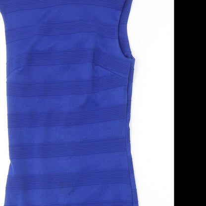 Mela London Womens Blue Striped Polyester A-Line Size 10 Round Neck Zip