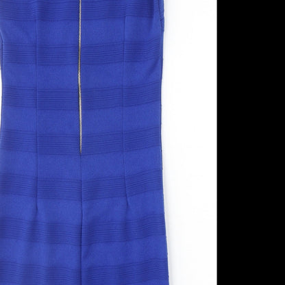 Mela London Womens Blue Striped Polyester A-Line Size 10 Round Neck Zip