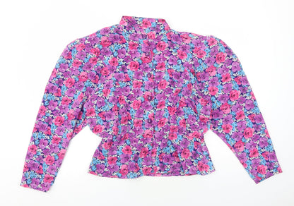 Preworn Womens Purple Floral Polyester Basic Button-Up Size M Collared