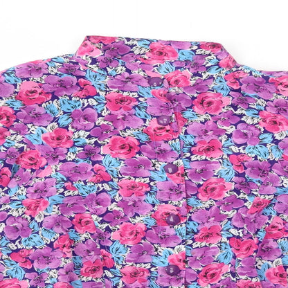 Preworn Womens Purple Floral Polyester Basic Button-Up Size M Collared