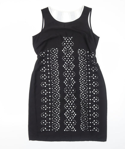 Per Una Womens Black Geometric Polyester Shift Size 14 Round Neck Pullover
