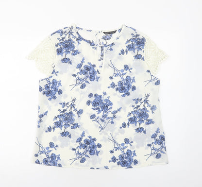 SheIn Womens White Floral Polyester Basic Blouse Size L Round Neck - Lace Detail