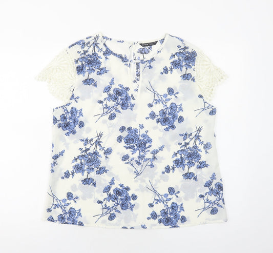 SheIn Womens White Floral Polyester Basic Blouse Size L Round Neck - Lace Detail