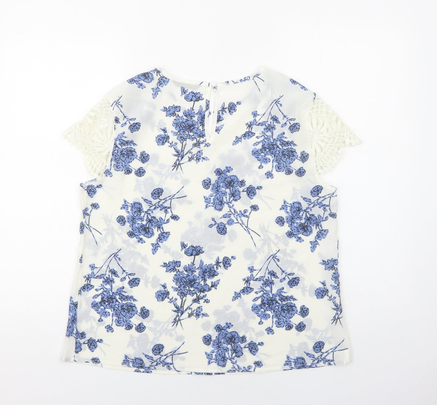 SheIn Womens White Floral Polyester Basic Blouse Size L Round Neck - Lace Detail