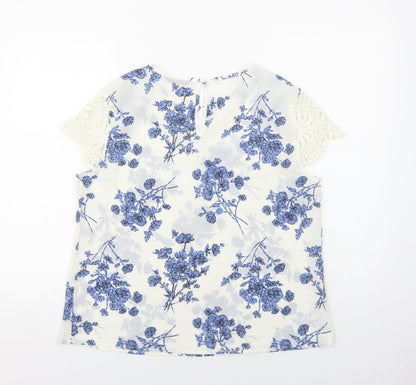 SheIn Womens White Floral Polyester Basic Blouse Size L Round Neck - Lace Detail