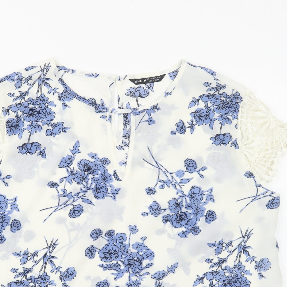 SheIn Womens White Floral Polyester Basic Blouse Size L Round Neck - Lace Detail