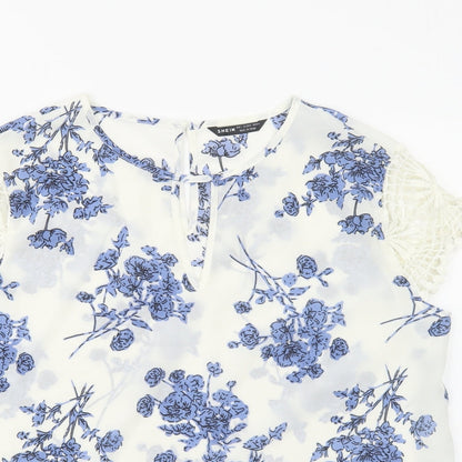SheIn Womens White Floral Polyester Basic Blouse Size L Round Neck - Lace Detail