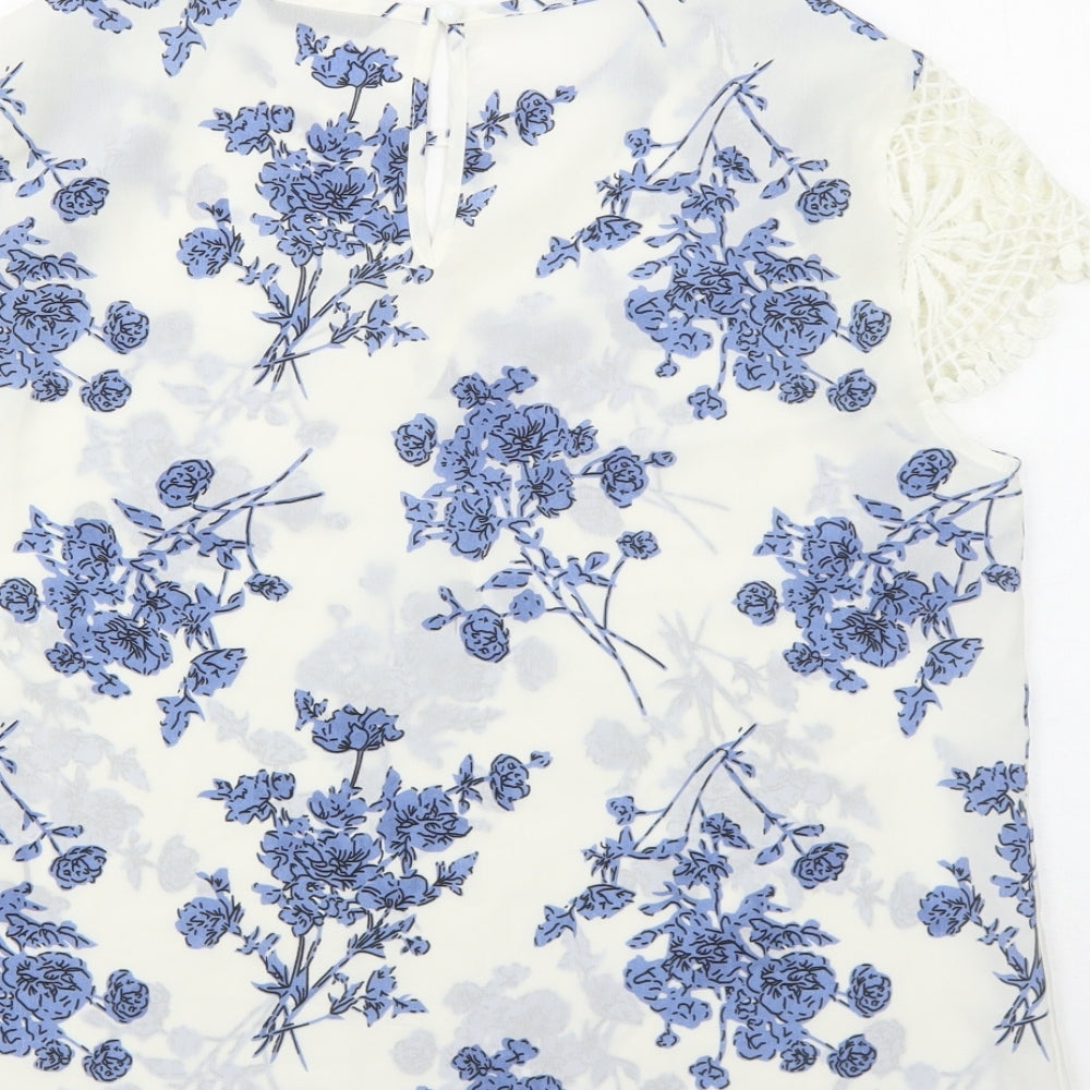 SheIn Womens White Floral Polyester Basic Blouse Size L Round Neck - Lace Detail