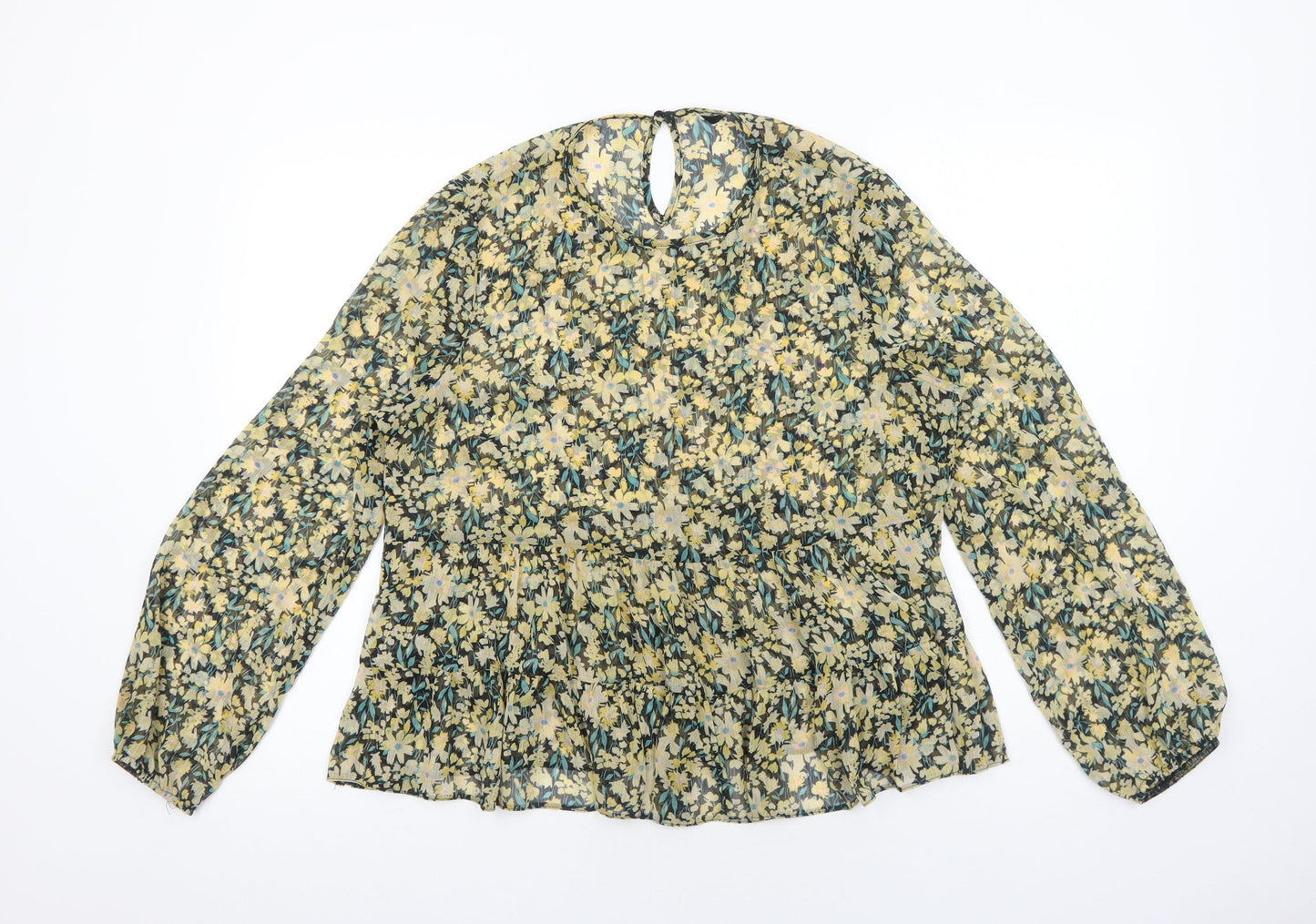 George Womens Yellow Floral Polyester Basic Blouse Size 14 Round Neck