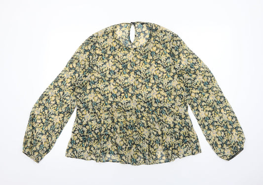George Womens Yellow Floral Polyester Basic Blouse Size 14 Round Neck