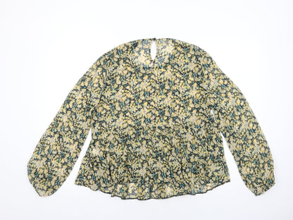 George Womens Yellow Floral Polyester Basic Blouse Size 14 Round Neck