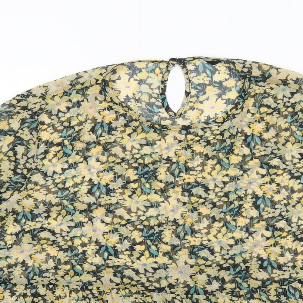 George Womens Yellow Floral Polyester Basic Blouse Size 14 Round Neck