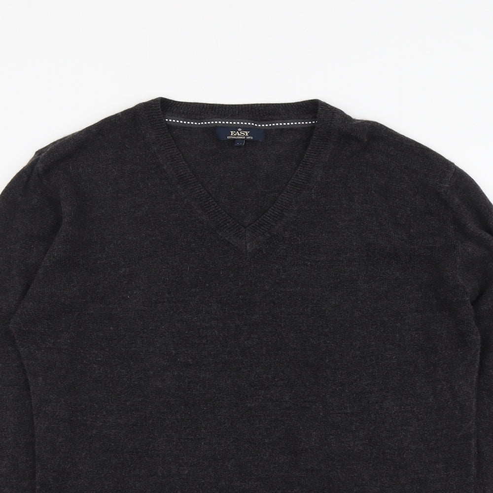Easy Mens Grey V-Neck Acrylic Pullover Jumper Size M Long Sleeve