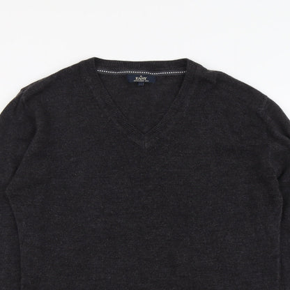 Easy Mens Grey V-Neck Acrylic Pullover Jumper Size M Long Sleeve