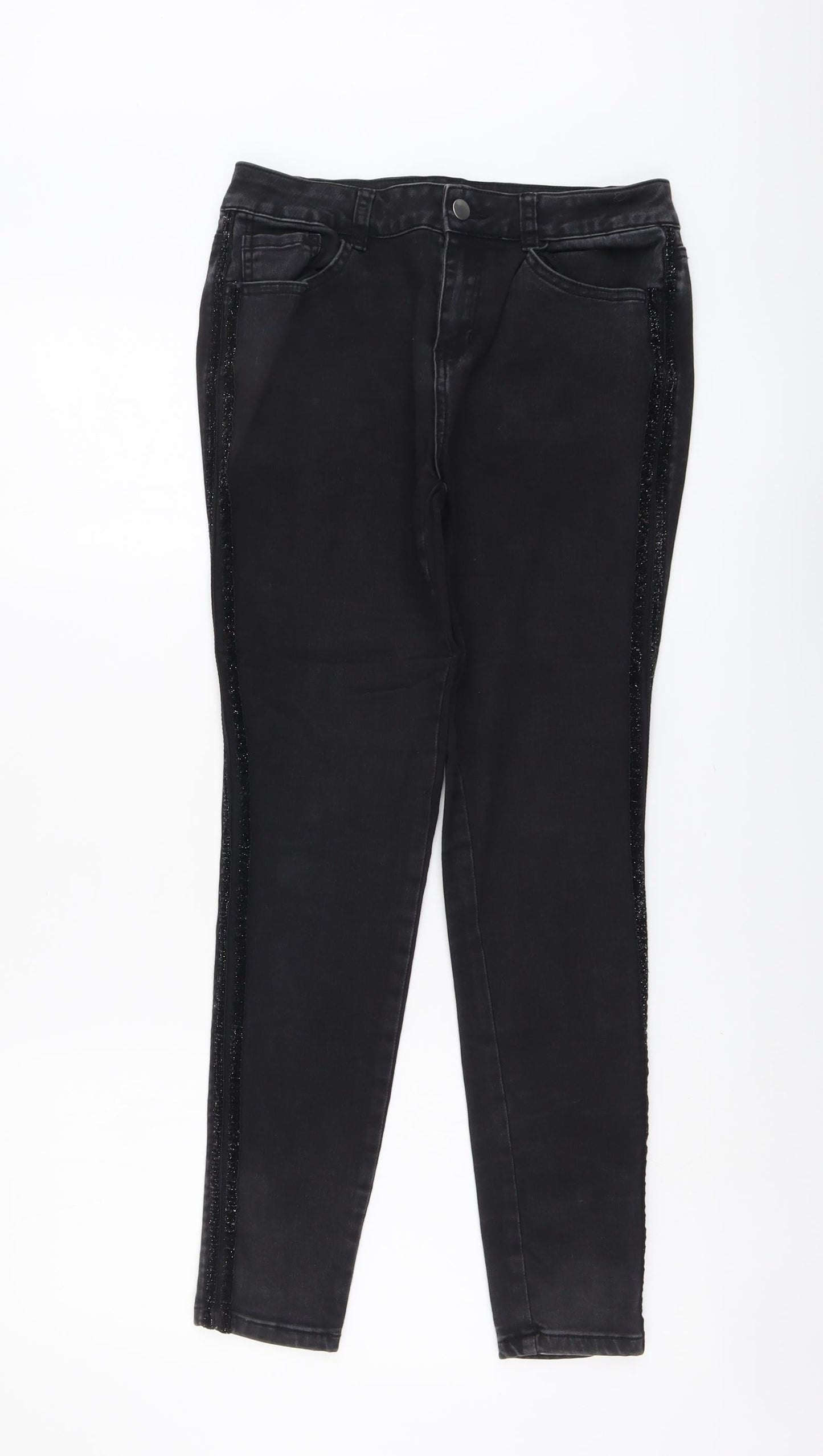 B.YOU Womens Black Cotton Skinny Jeans Size 10 L28 in Regular Button - Side Stripe Detail