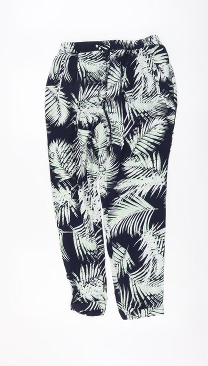 F&F Womens Beige Geometric Viscose Trousers Size 8 L27 in Regular Drawstring - Leaf Print