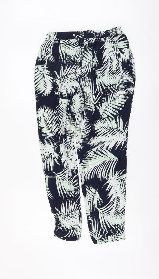 F&F Womens Beige Geometric Viscose Trousers Size 8 L27 in Regular Drawstring - Leaf Print
