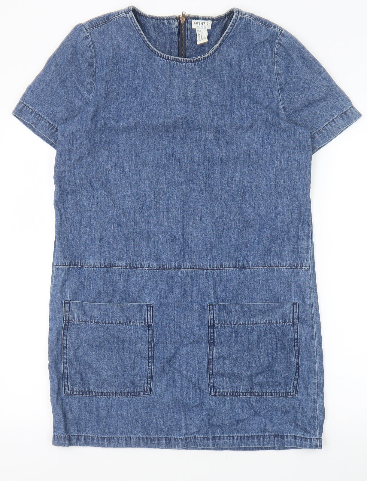 FOREVER 21 Womens Blue Cotton A-Line Size S Round Neck Zip