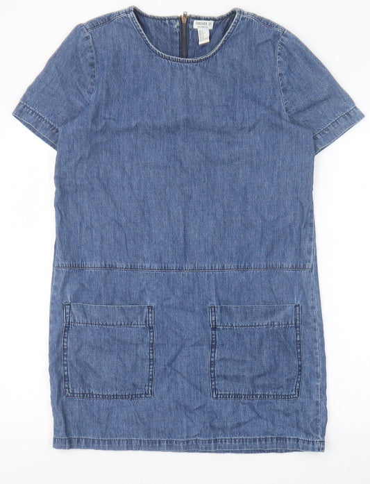 FOREVER 21 Womens Blue Cotton A-Line Size S Round Neck Zip