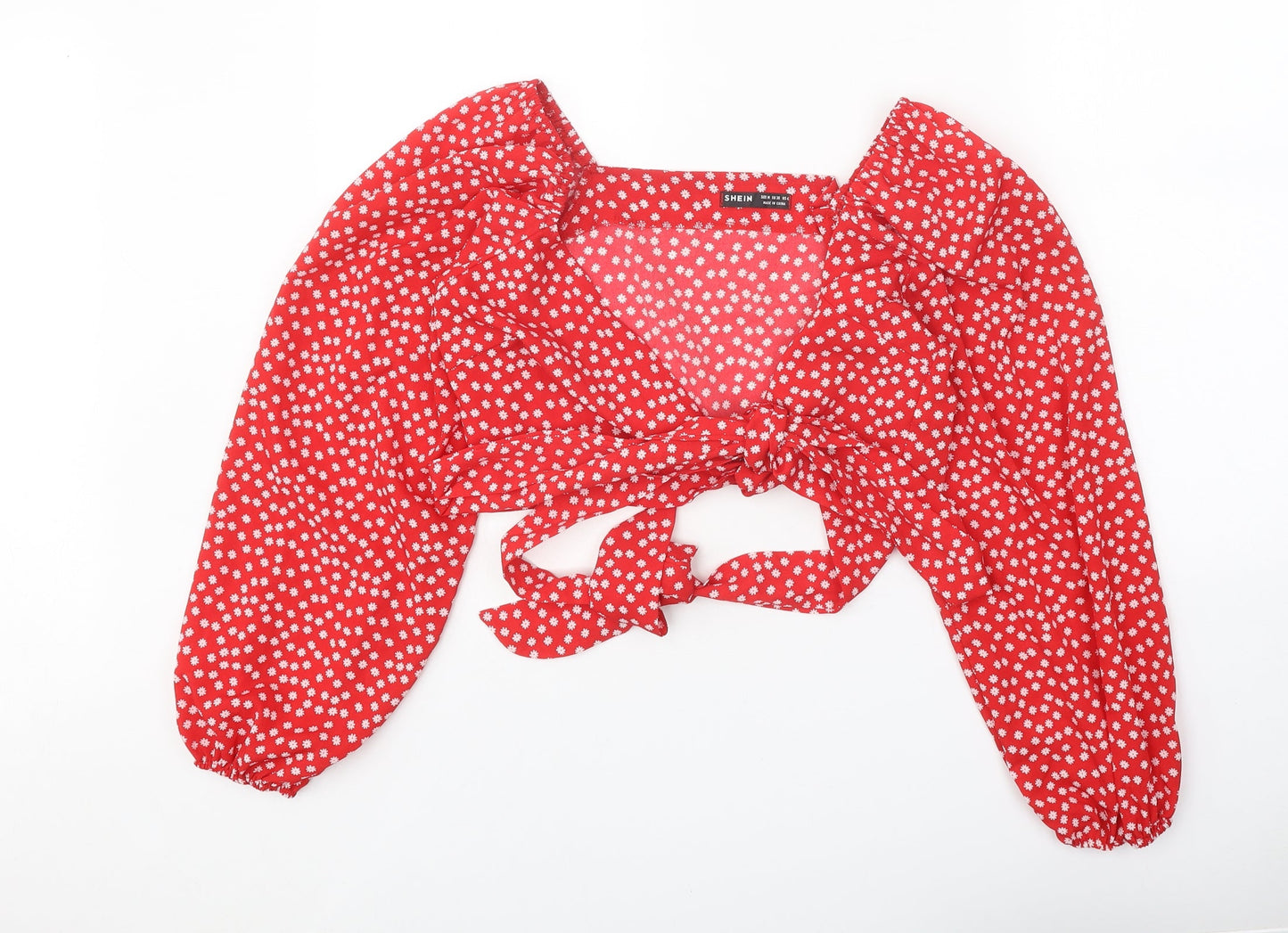 SheIn Womens Red Polka Dot Polyester Cropped Blouse Size M V-Neck