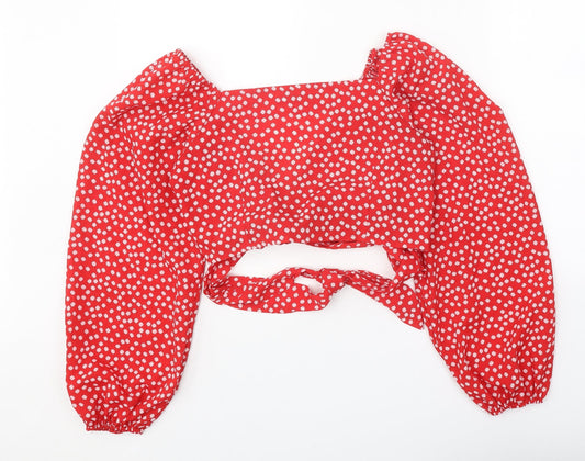 SheIn Womens Red Polka Dot Polyester Cropped Blouse Size M V-Neck