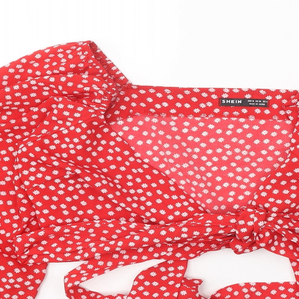 SheIn Womens Red Polka Dot Polyester Cropped Blouse Size M V-Neck