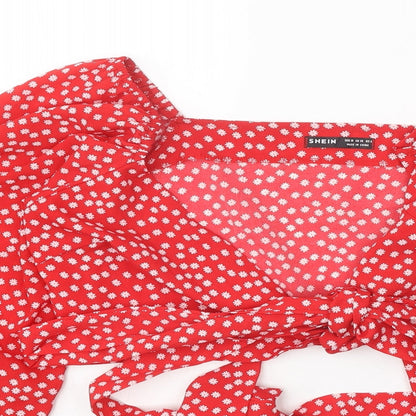 SheIn Womens Red Polka Dot Polyester Cropped Blouse Size M V-Neck