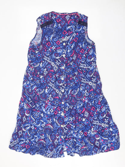 Preworn Womens Blue Geometric Viscose Tank Dress One Size Round Neck Button