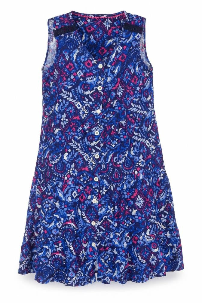 Preworn Womens Blue Geometric Viscose Tank Dress One Size Round Neck Button