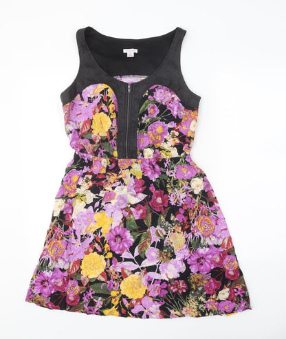 Xhilaration Womens Black Floral Viscose A-Line Size S Round Neck Zip