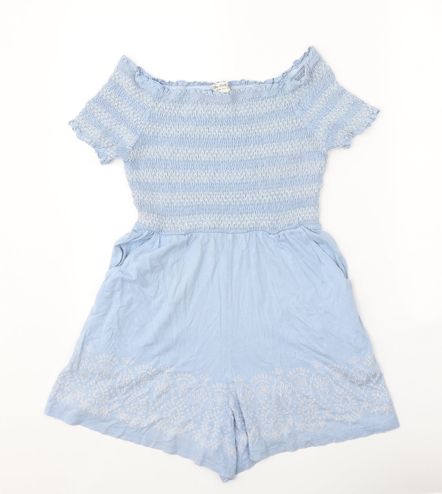 Miss Selfridge Womens Blue Geometric Polyester Playsuit One-Piece Size 10 Pullover - Shirred Bardot