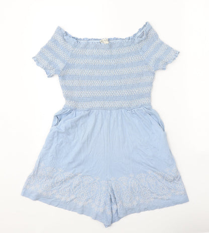 Miss Selfridge Womens Blue Geometric Polyester Playsuit One-Piece Size 10 Pullover - Shirred Bardot