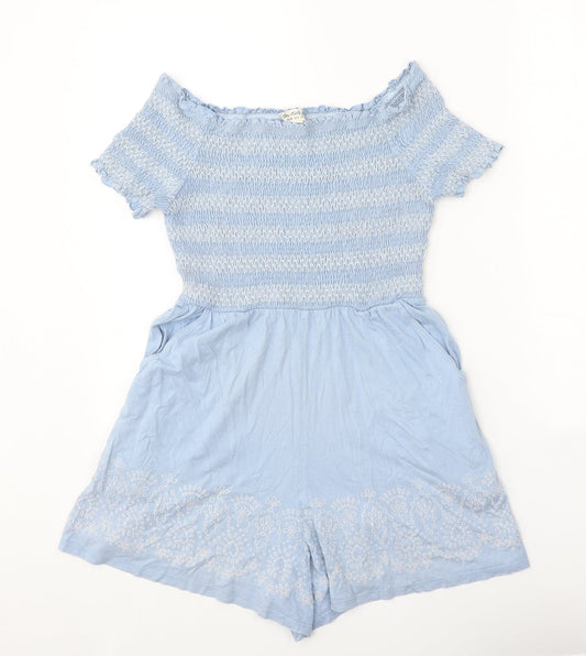 Miss Selfridge Womens Blue Geometric Polyester Playsuit One-Piece Size 10 Pullover - Shirred Bardot