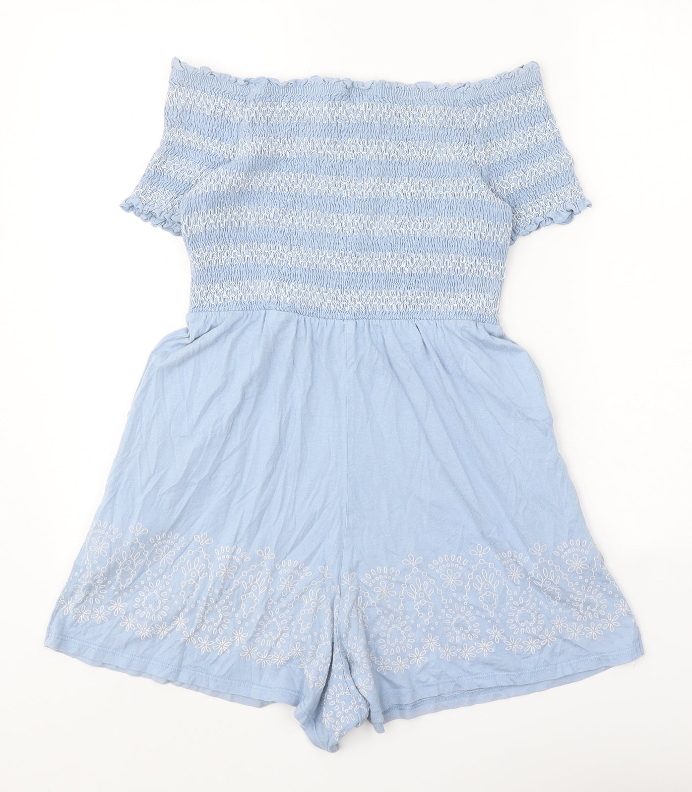 Miss Selfridge Womens Blue Geometric Polyester Playsuit One-Piece Size 10 Pullover - Shirred Bardot