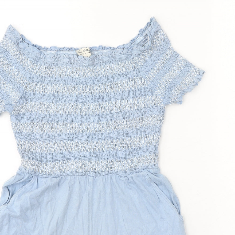 Miss Selfridge Womens Blue Geometric Polyester Playsuit One-Piece Size 10 Pullover - Shirred Bardot