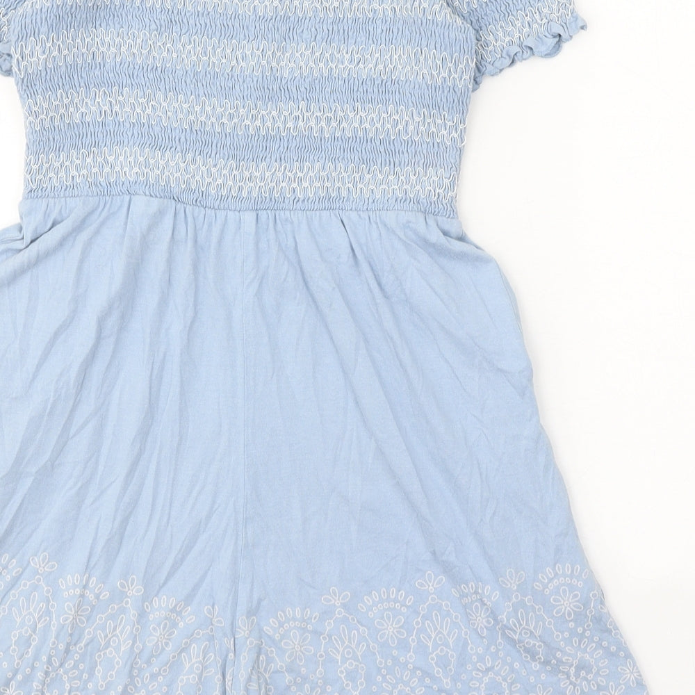 Miss Selfridge Womens Blue Geometric Polyester Playsuit One-Piece Size 10 Pullover - Shirred Bardot