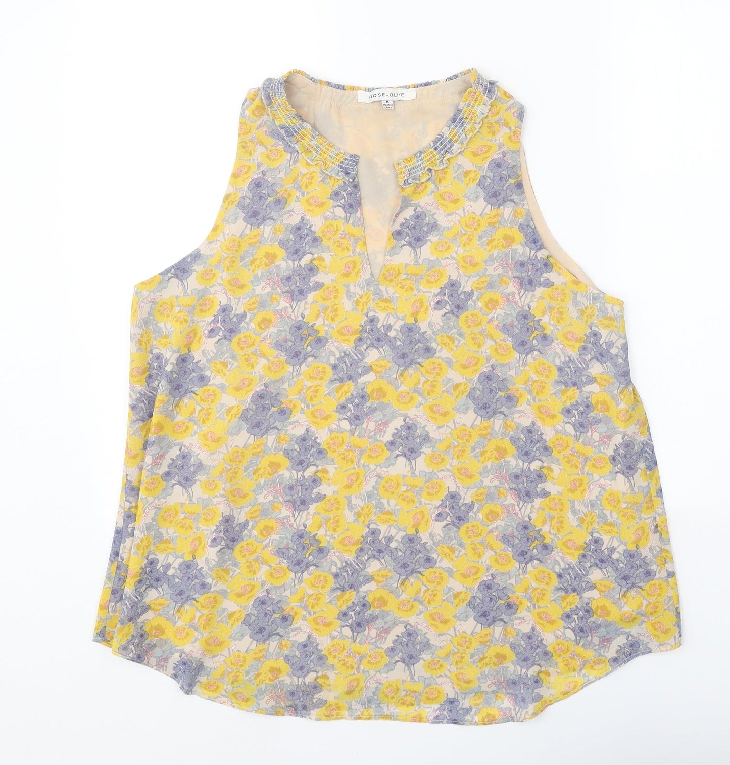 Rose + Olive Womens Yellow Geometric Polyester Basic Tank Size M V-Neck