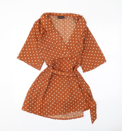 PRETTYLITTLETHING Womens Orange Polka Dot Polyester Fit & Flare Size 6 V-Neck Tie