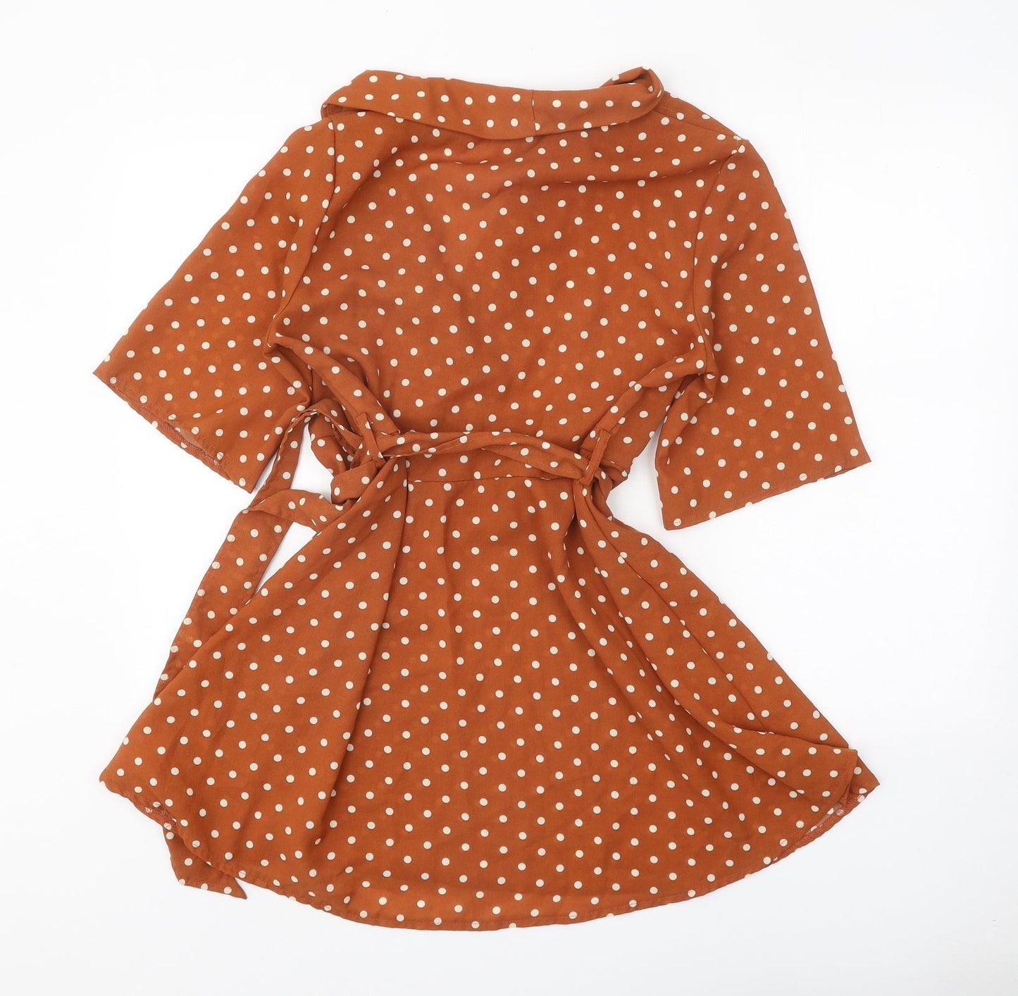 PRETTYLITTLETHING Womens Orange Polka Dot Polyester Fit & Flare Size 6 V-Neck Tie