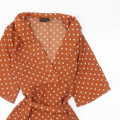 PRETTYLITTLETHING Womens Orange Polka Dot Polyester Fit & Flare Size 6 V-Neck Tie