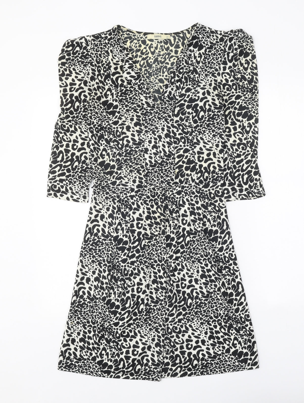 Oasis Womens Black Animal Print Polyester A-Line Size XS V-Neck Pullover - Leopard Pattern