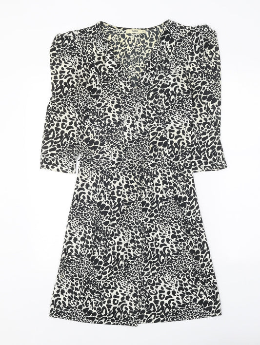 Oasis Womens Black Animal Print Polyester A-Line Size XS V-Neck Pullover - Leopard Pattern