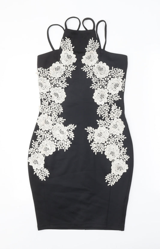 AX Paris Womens Black Floral Polyester Bodycon Size 8 Square Neck Pullover