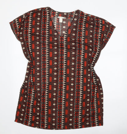 H&M Womens Brown Geometric Polyester Shift Size M V-Neck Pullover