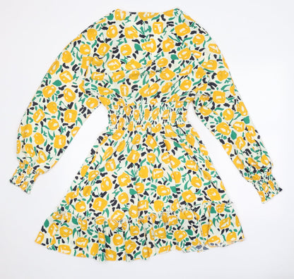 Girl in Mind Womens White Geometric Polyester Fit & Flare Size S V-Neck Pullover - Elastic Waist, Drop hem