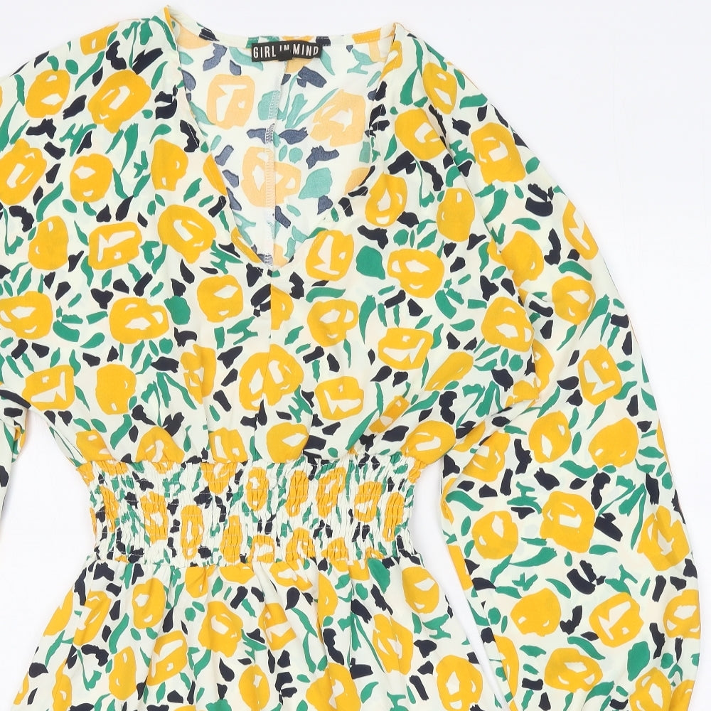 Girl in Mind Womens White Geometric Polyester Fit & Flare Size S V-Neck Pullover - Elastic Waist, Drop hem