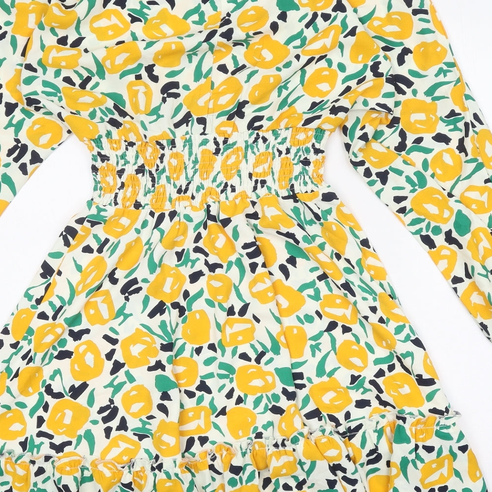 Girl in Mind Womens White Geometric Polyester Fit & Flare Size S V-Neck Pullover - Elastic Waist, Drop hem