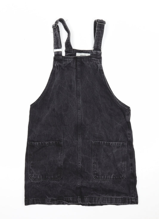 New Look Womens Black Cotton Pinafore/Dungaree Dress Size 8 Square Neck Button