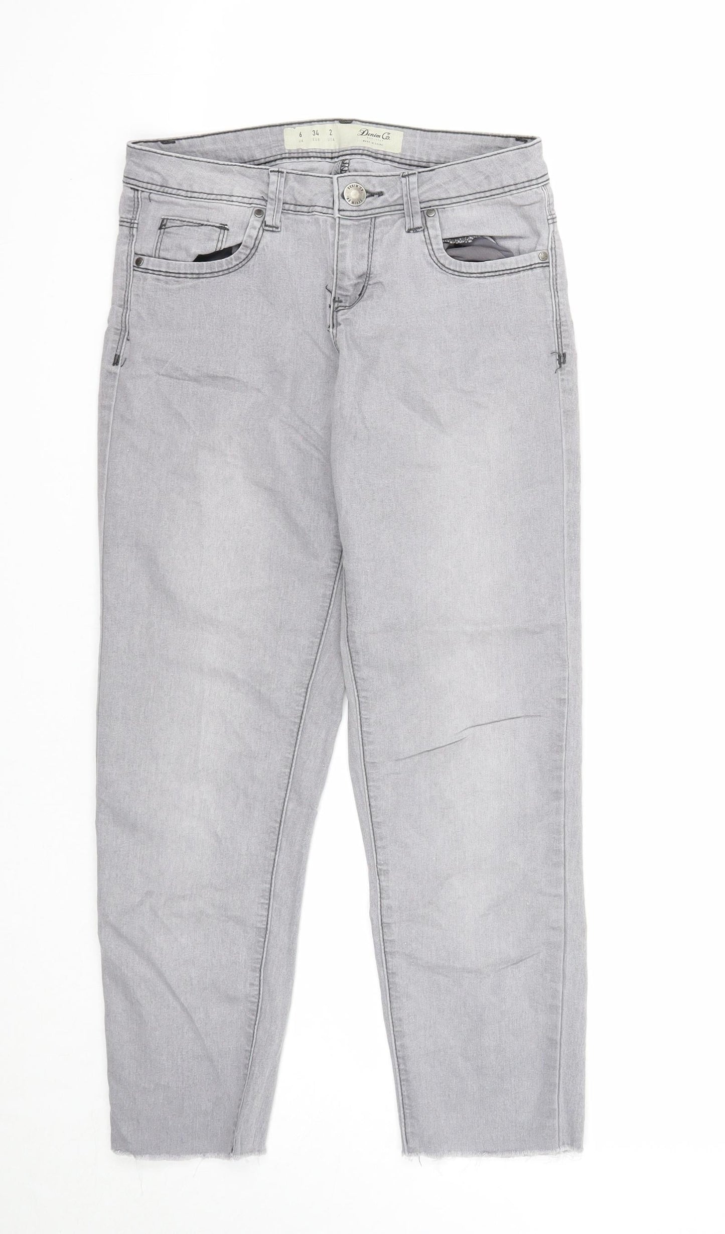 Denim & Co. Womens Grey Cotton Straight Jeans Size 6 Regular Zip - Distressed Hems